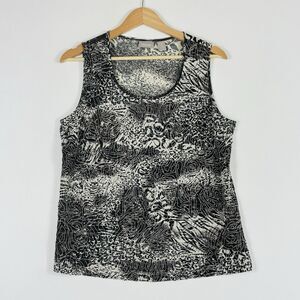 Chico's‎ Women 1 Medium  Beige Black Animal Raw Stitch Shirt Tank Top Artsy Boho